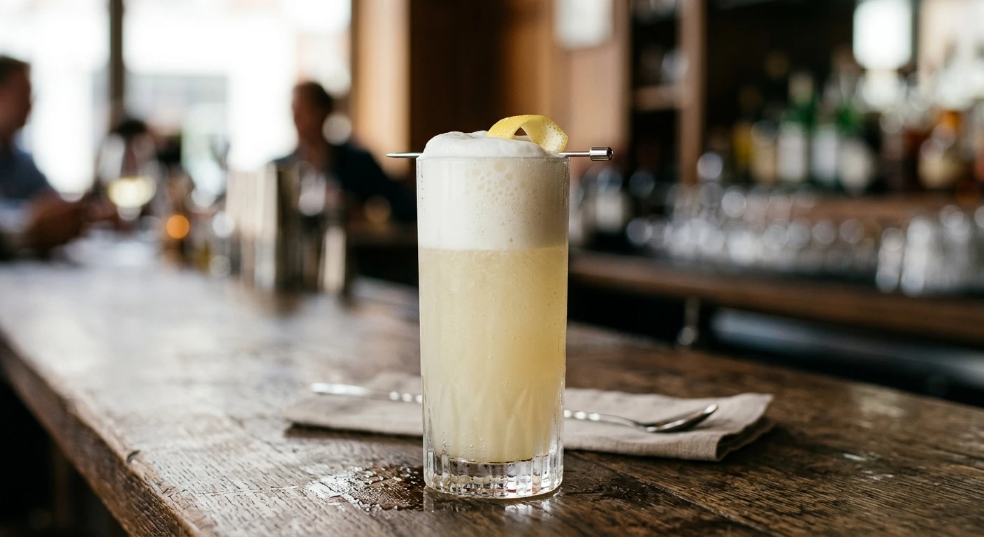 Royal Gin Fizz cocktail in a tall glass with a lemon garnish