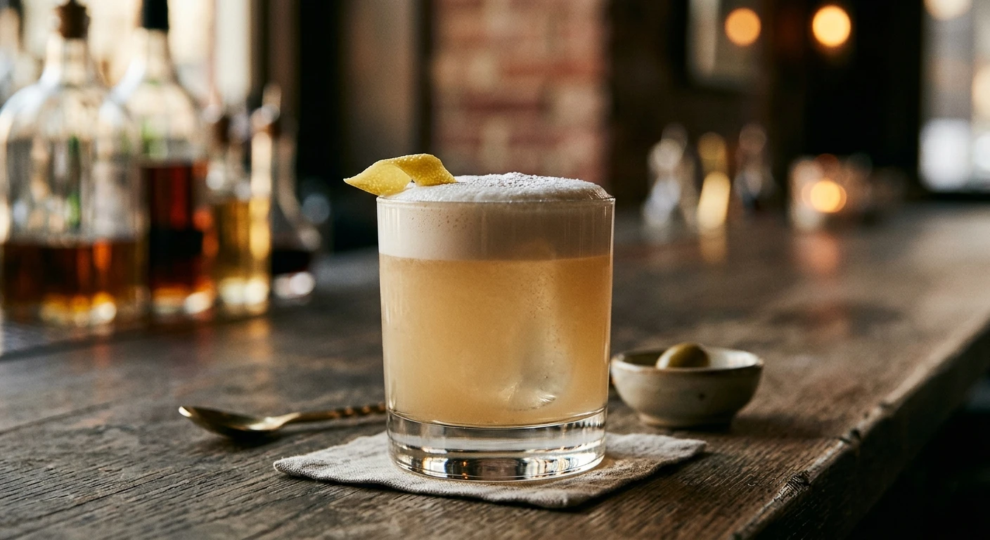 Vesuvio cocktail in a rocks glass with a lemon twist