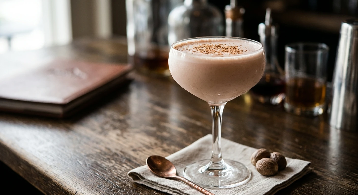Port Wine Flip cocktail in a coupe glass with grated nutmeg
