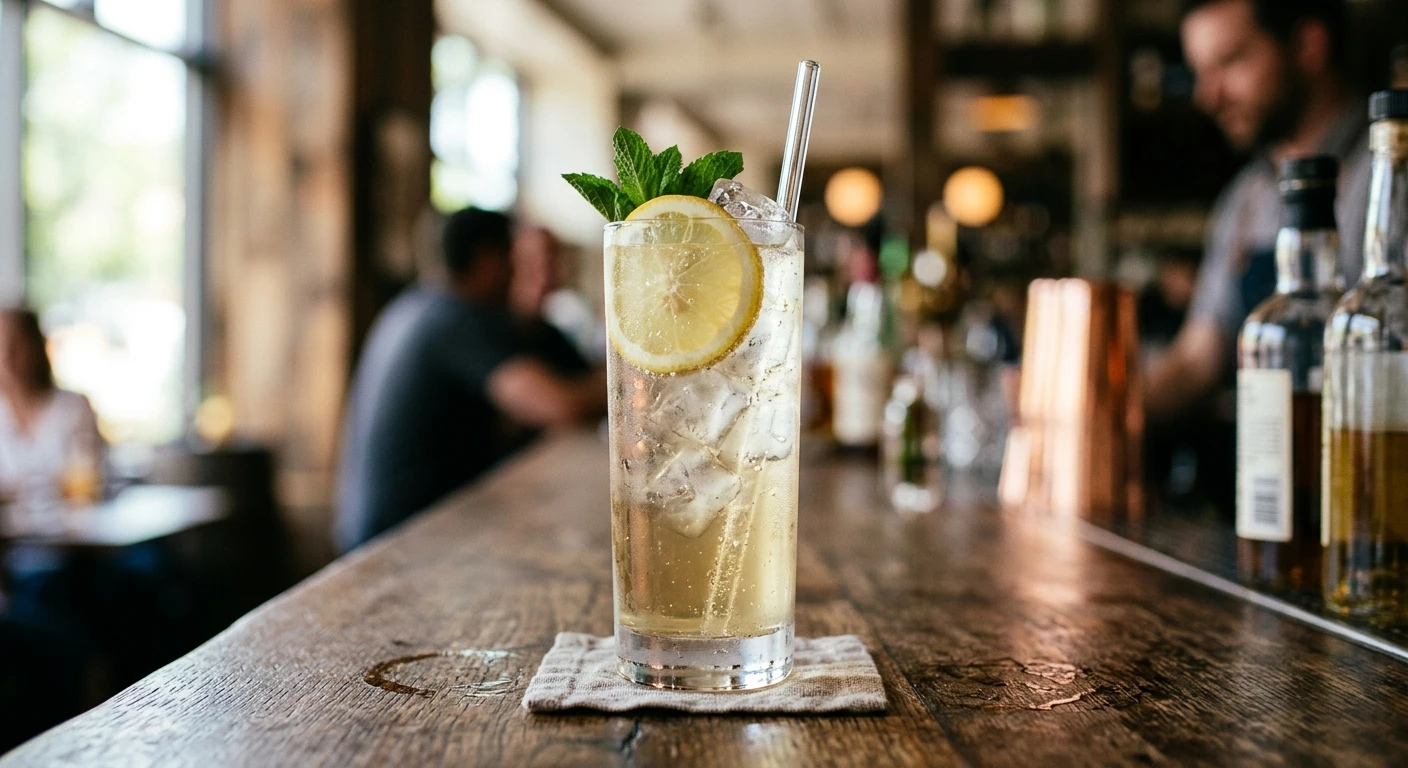 Rum Cooler cocktail in a tall glass with lemon and mint