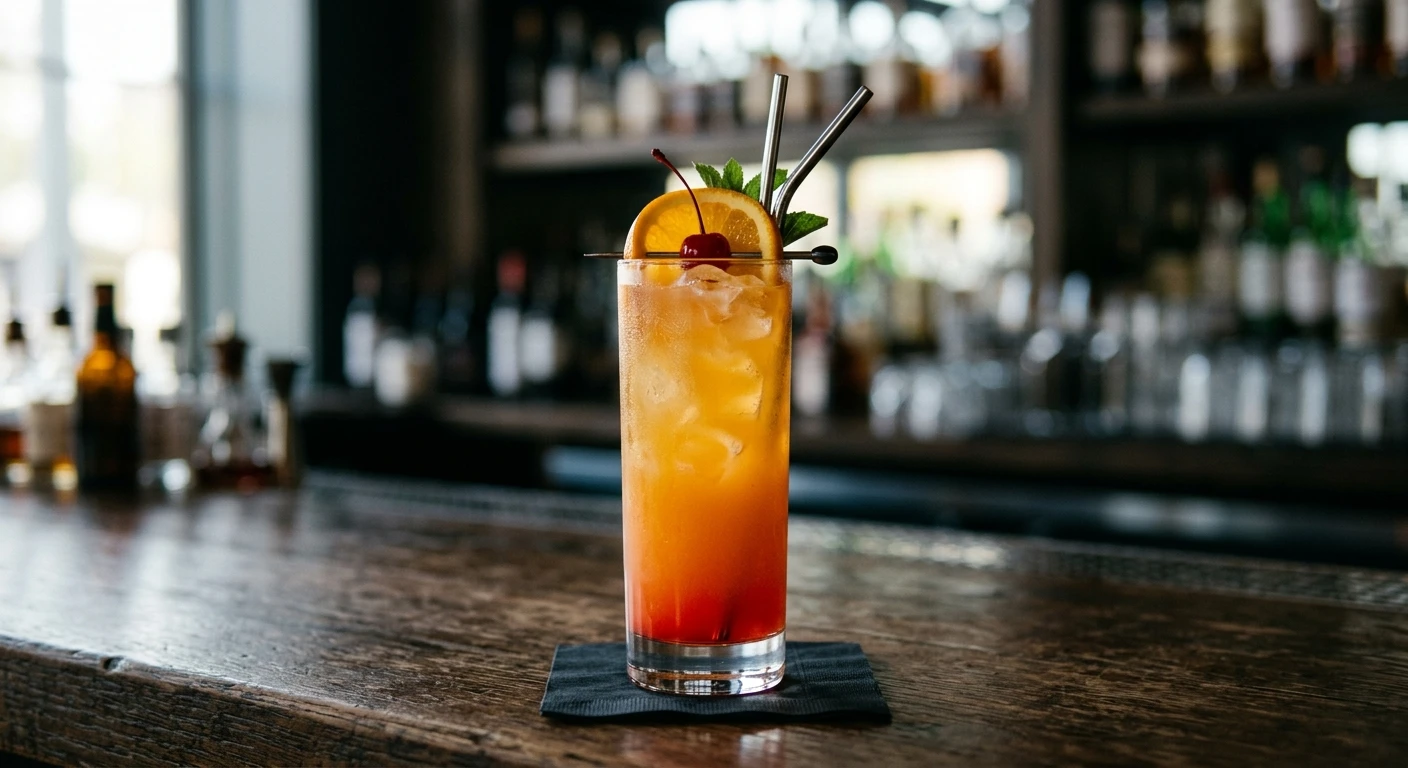San Francisco cocktail in a tall glass with a cherry and orange garnish