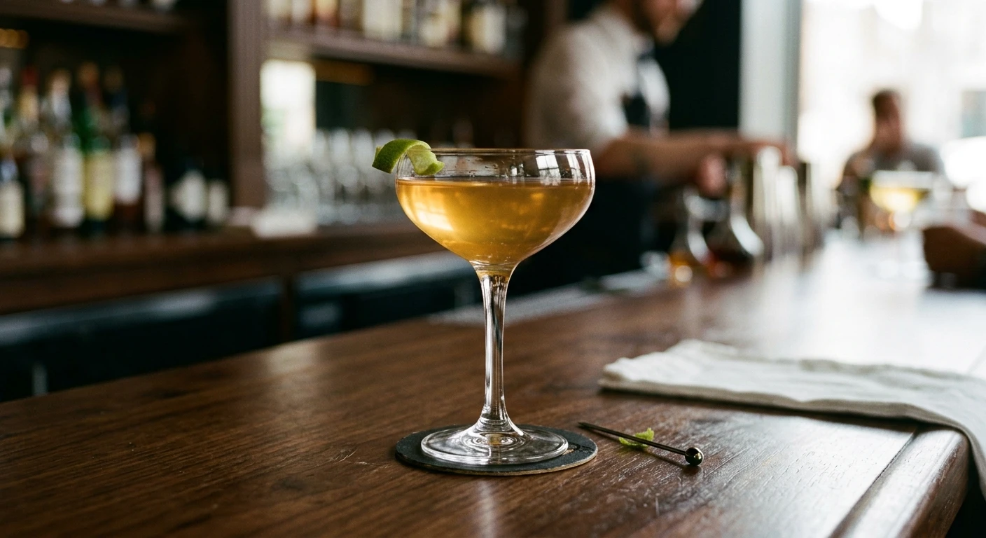 Quarter Deck cocktail in a coupe glass with a lime garnish