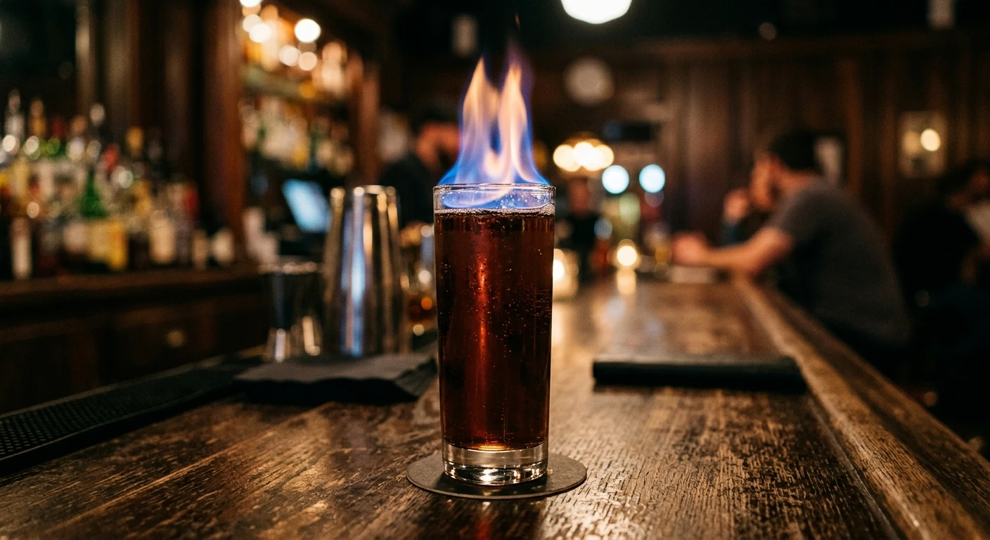 Flaming Dr. Pepper shot in a collins glass